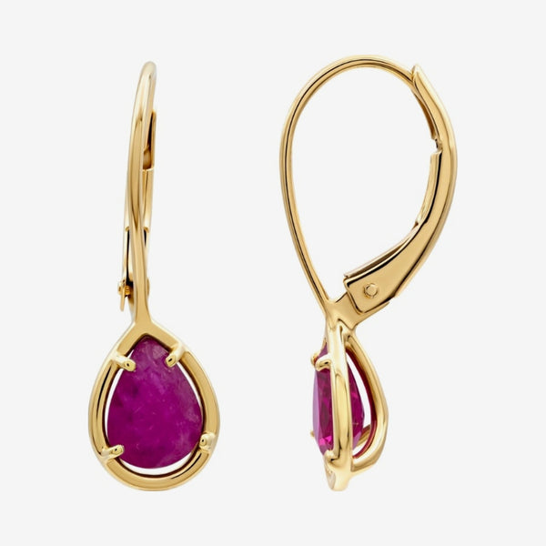 Pear Gemstone Leverback Earrings in 14K Yellow Gold with Ruby, gray background | JJ Jewelry Miami