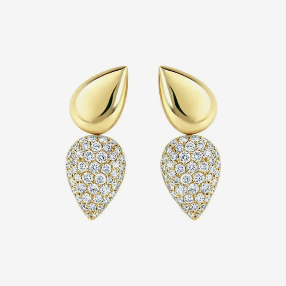 Pear Pavé Diamond Drop Earrings in 14K Yellow Gold, gray background | JJ Jewelry Miami