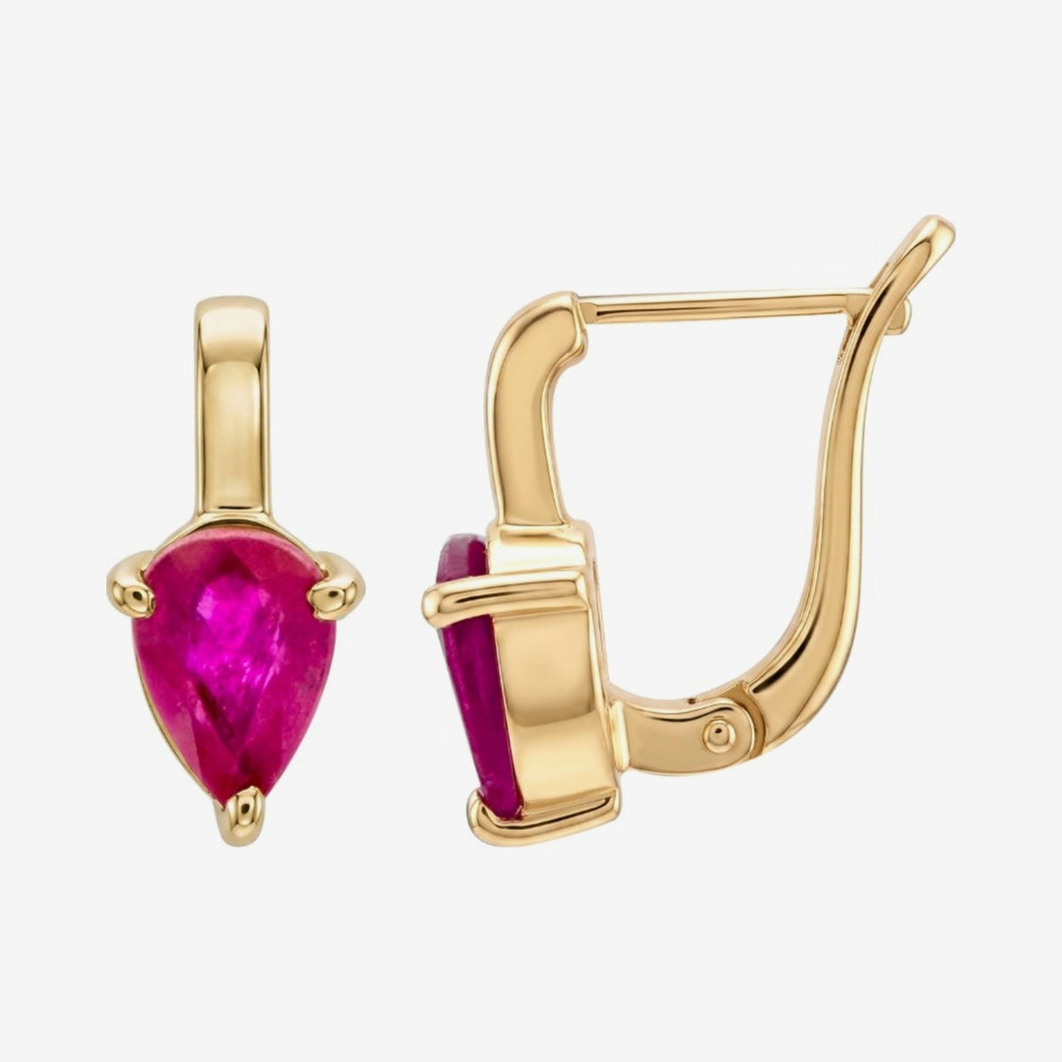 Pear-Shaped Gemstone Drop Earrings in 18K Yellow Gold with Ruby, gray background | JJ Jewelry Miami