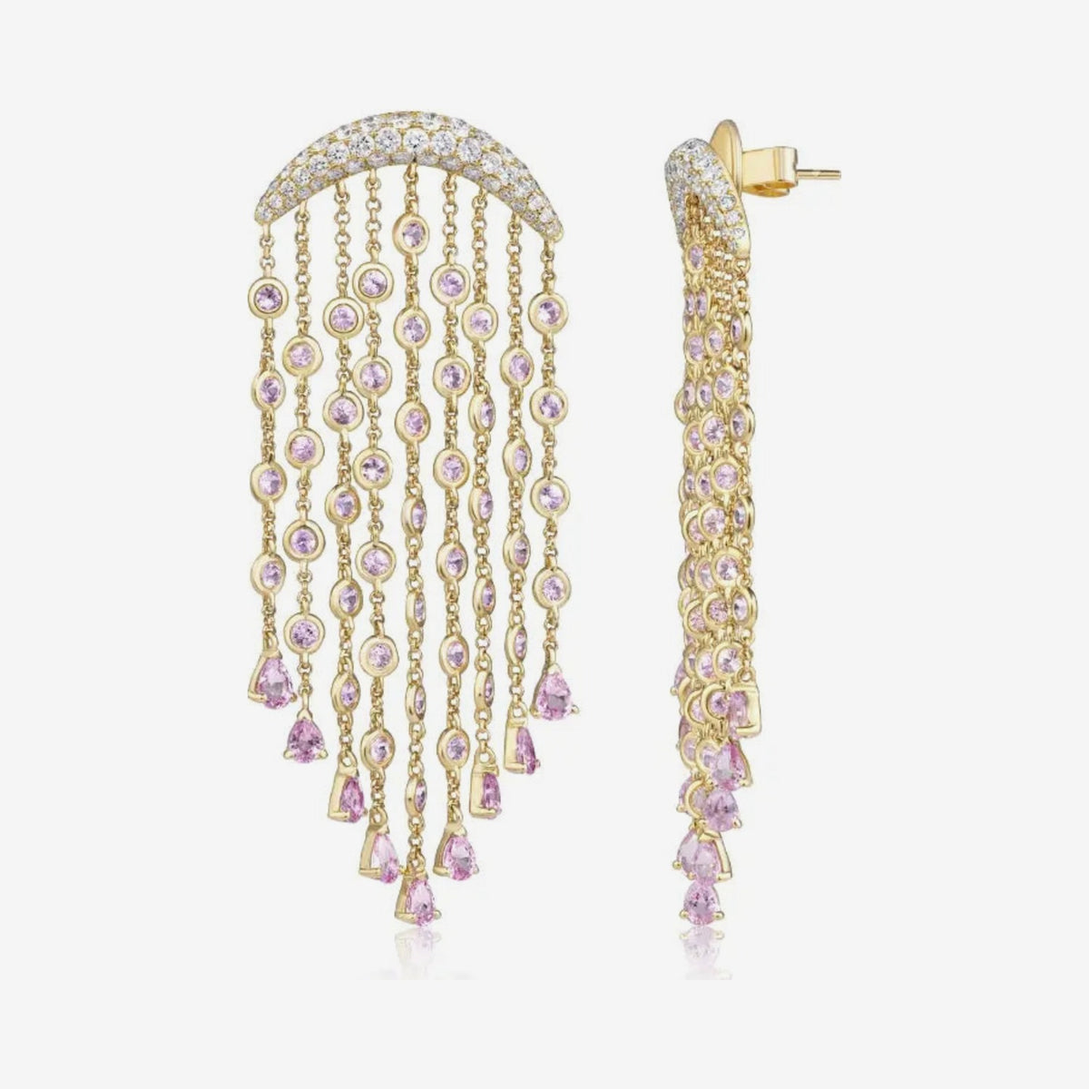Pink Sapphire and Diamond Chandelier Earrings in 18K Yellow Gold, gray background | JJ Jewelry Miami