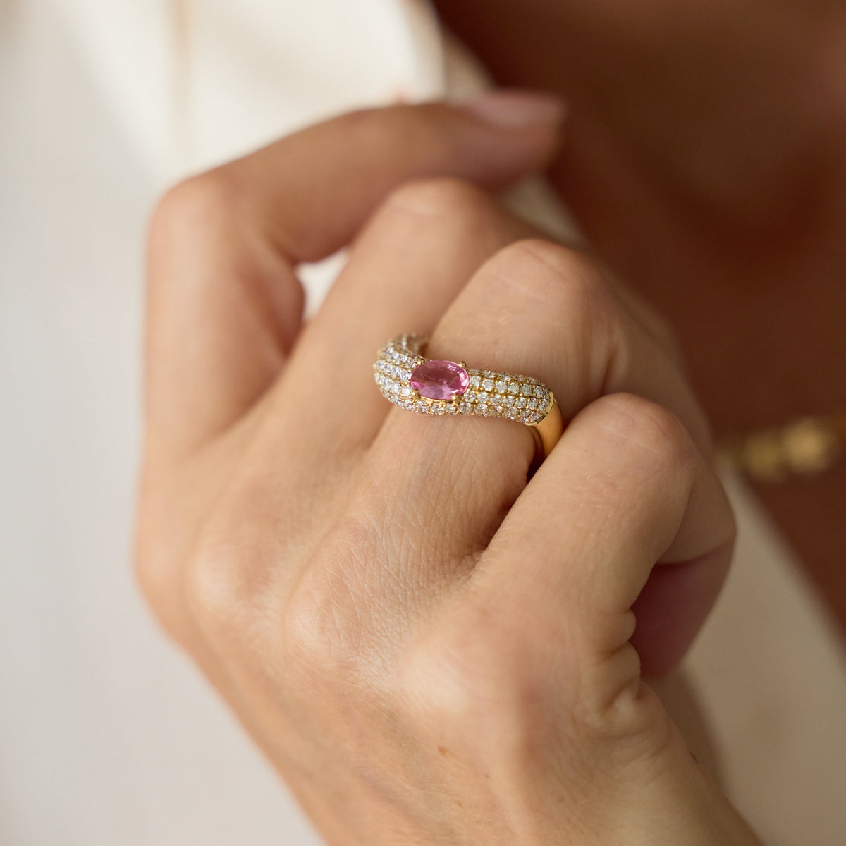 Pink Sapphire and Pavé Diamond Wave Ring, lifestyle view 1 | JJ Jewelry