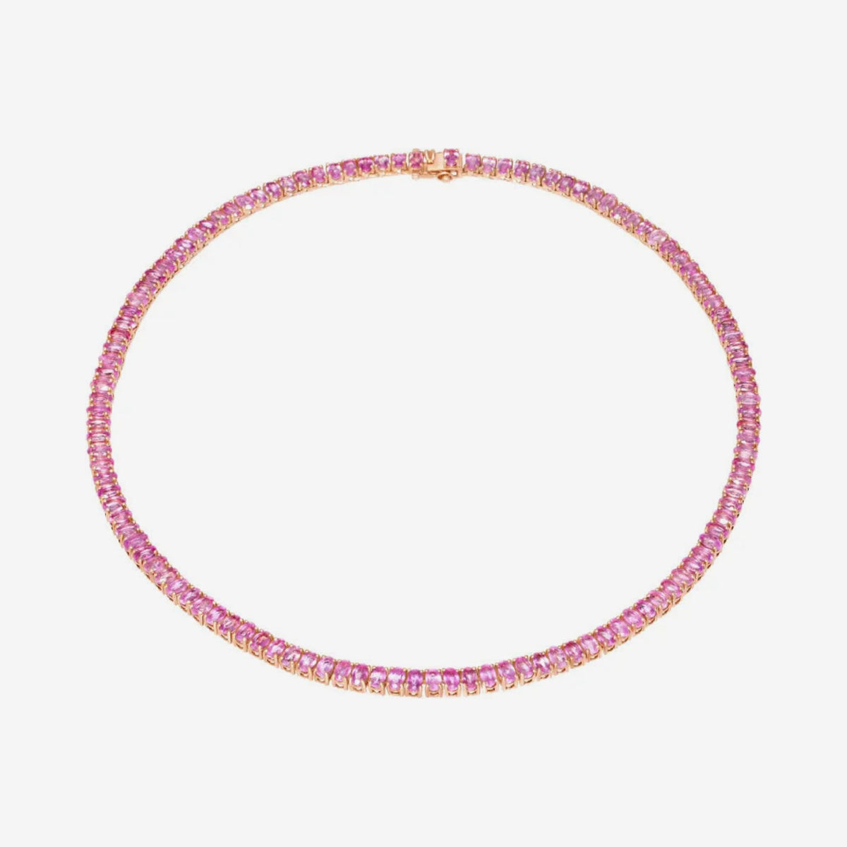 Pink Sapphire Tennis Necklace in 14K Rose Gold, 38.0 carats, gray background | JJ Jewelry Miami