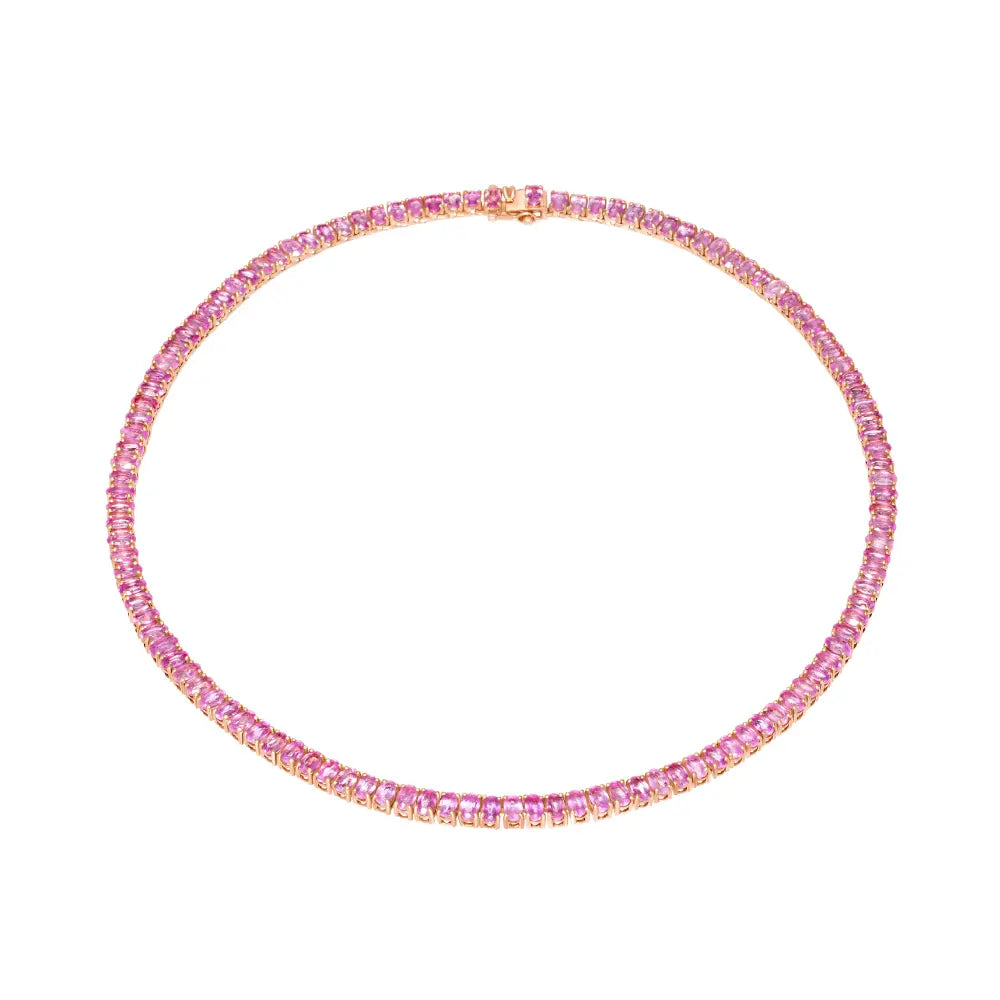 Pink Sapphire Tennis Necklace in 14K Rose Gold, 38.0 carats | JJ Jewelry Miami