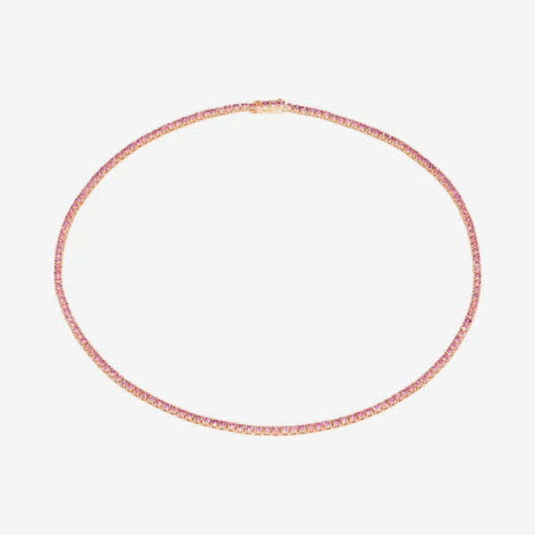 Pink Sapphire Tennis Necklace in 14K Rose Gold, 7.0 carats, gray background | JJ Jewelry Miami