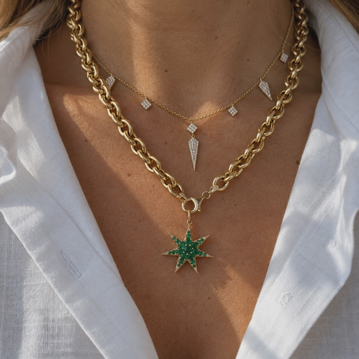 Emerald Star Pendant with Diamonds in 14K Yellow Gold, layered on gold chains, video | JJ Jewelry Miami