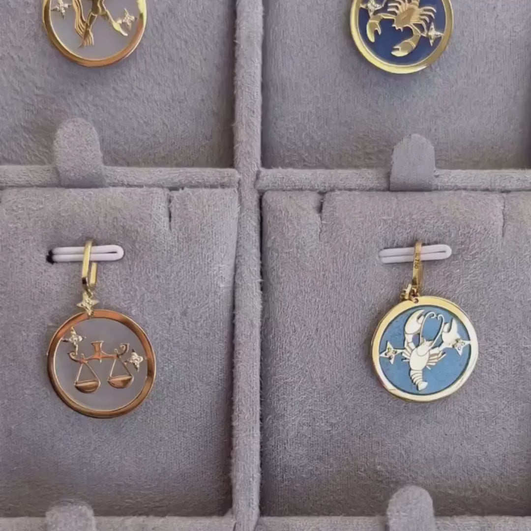 Zodiac Pendants in 18K Yellow Gold with quartz and diamonds, in a jewelry box, video | JJ Jewelry Miami