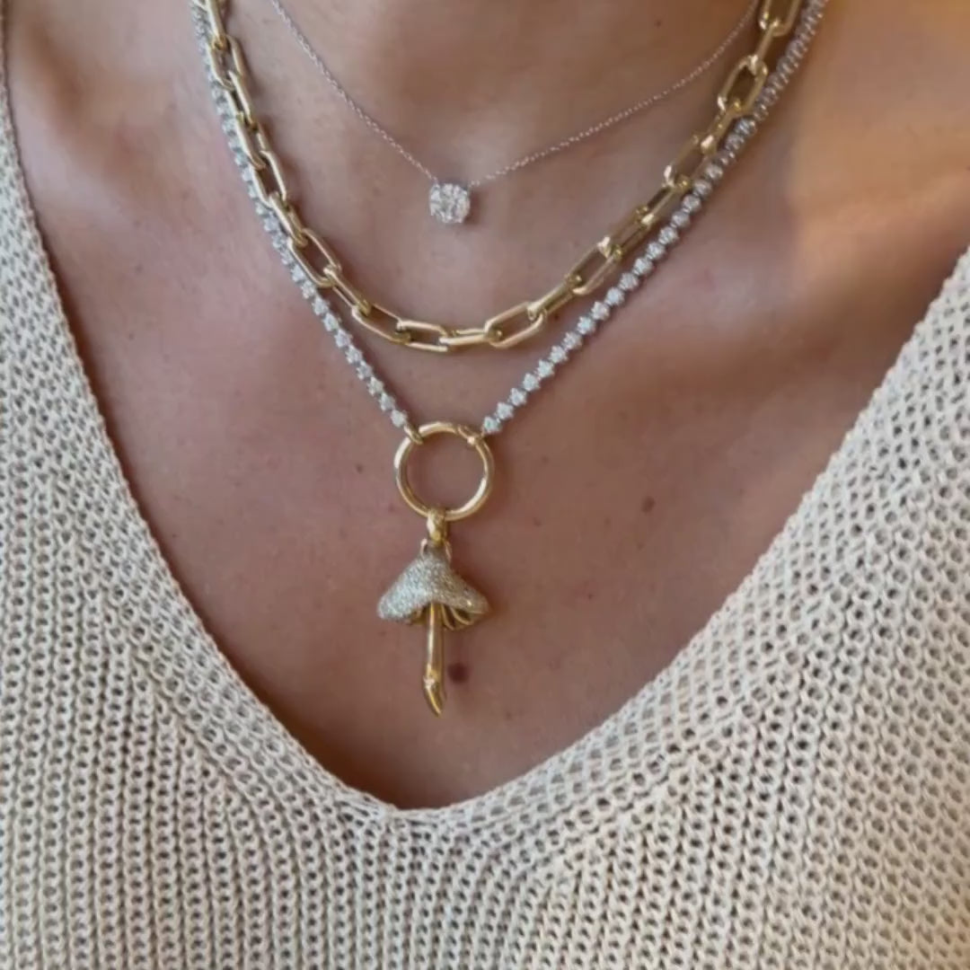 Magic Mushroom Pavé Diamond Pendant in 18K Yellow Gold by Alessa Rocks, layered on model, video | JJ Jewelry Miami