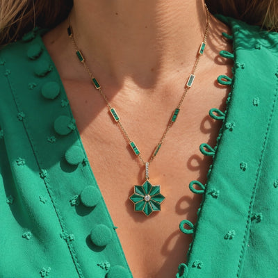 Malachite Flower Pendant with Diamond in 18K Yellow Gold, worn on a malachite station chain, video | JJ Jewelry Miami