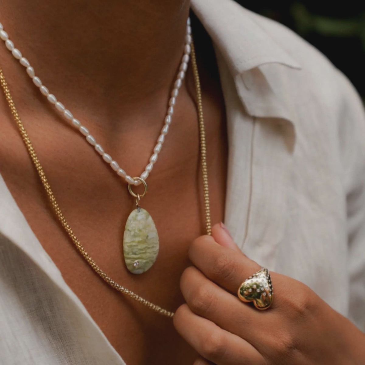 Natural Stone Pendant with Diamond in 14K Yellow Gold, layered with a pearl necklace, video | JJ Jewelry Miami