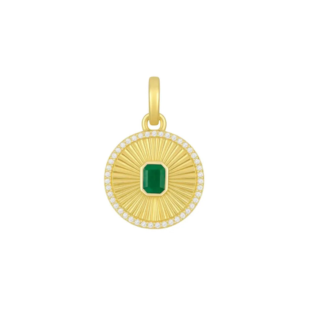 Radiant round pendant with emerald and diamonds in 14K yellow gold by JJ Jewelry