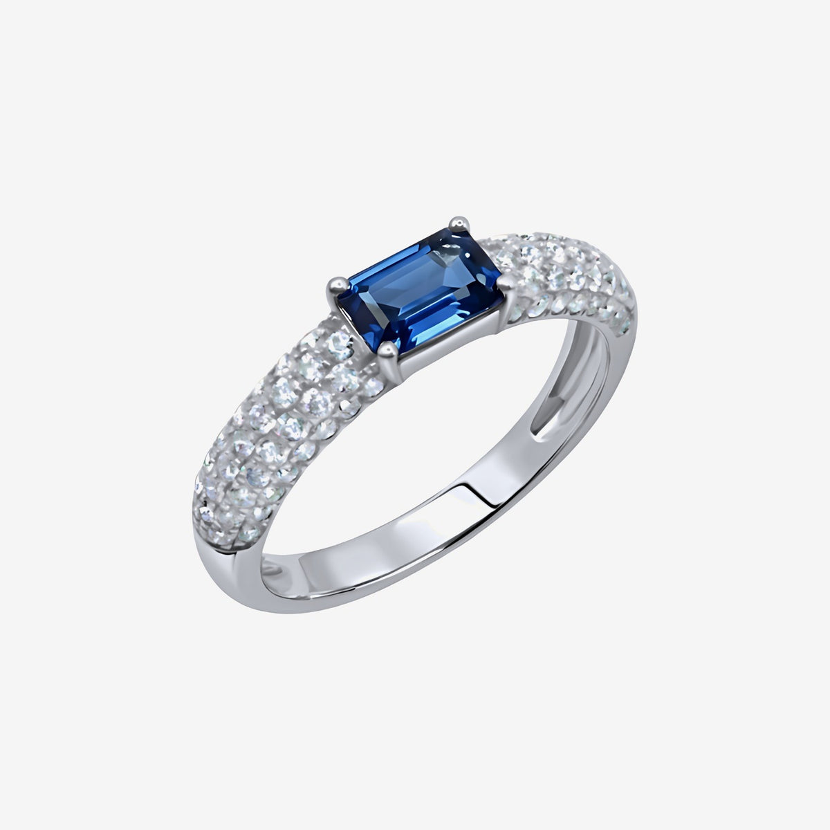 Rectangular Blue Sapphire and Pavé Diamond Ring in 18K White Gold | JJ Jewelry