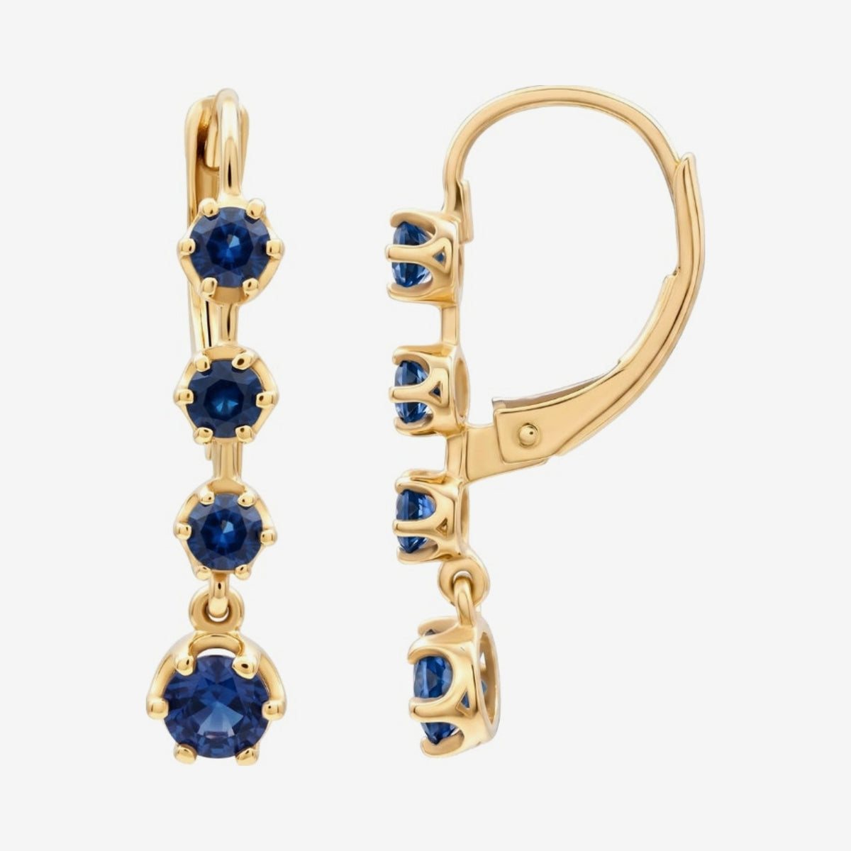 Round Gemstone Leverback Drop Earrings in 14K Yellow Gold with Blue Sapphire, gray background | JJ Jewelry Miami