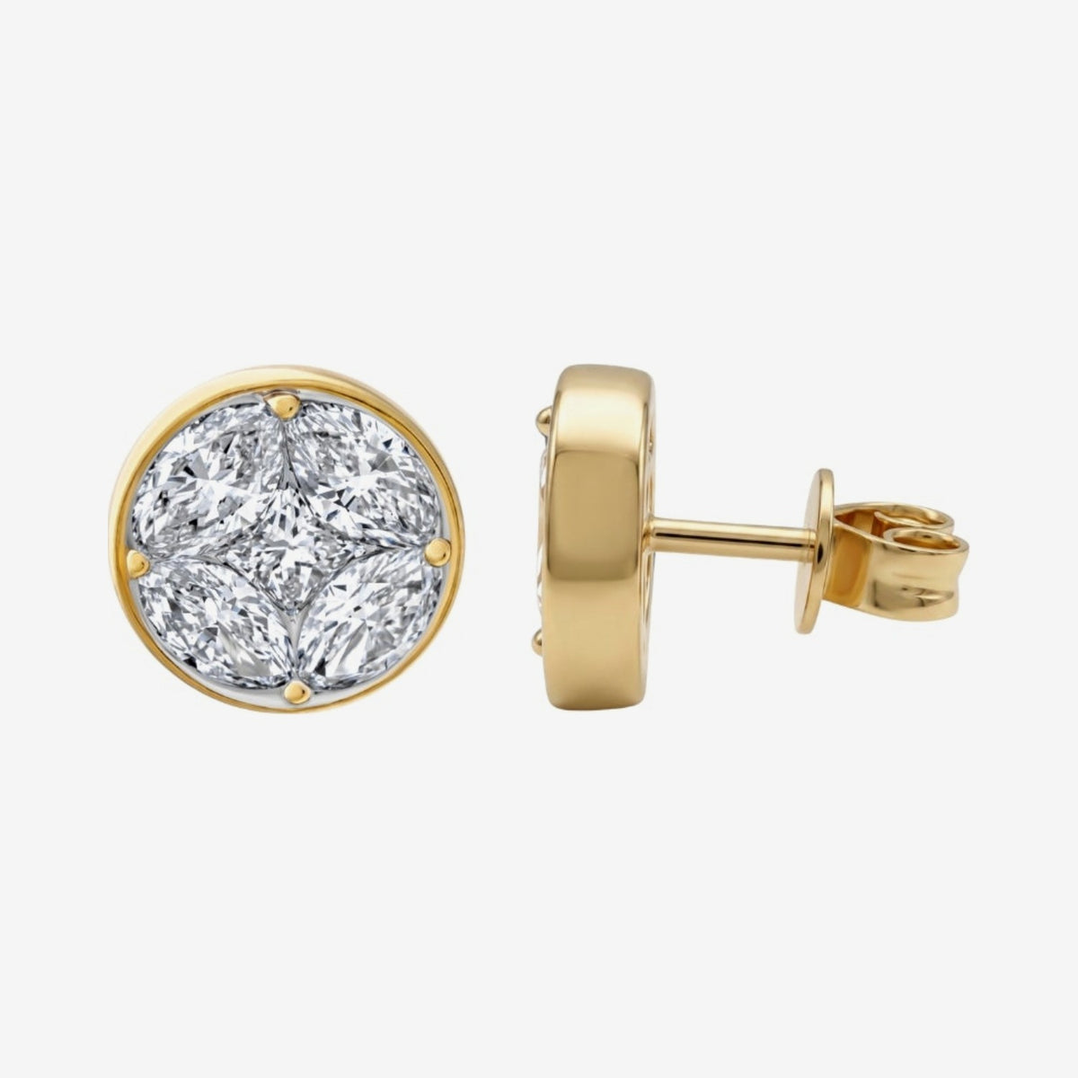 Round Mosaic Diamond Bezel Stud Earrings in 18K Yellow Gold, gray background | JJ Jewelry Miami