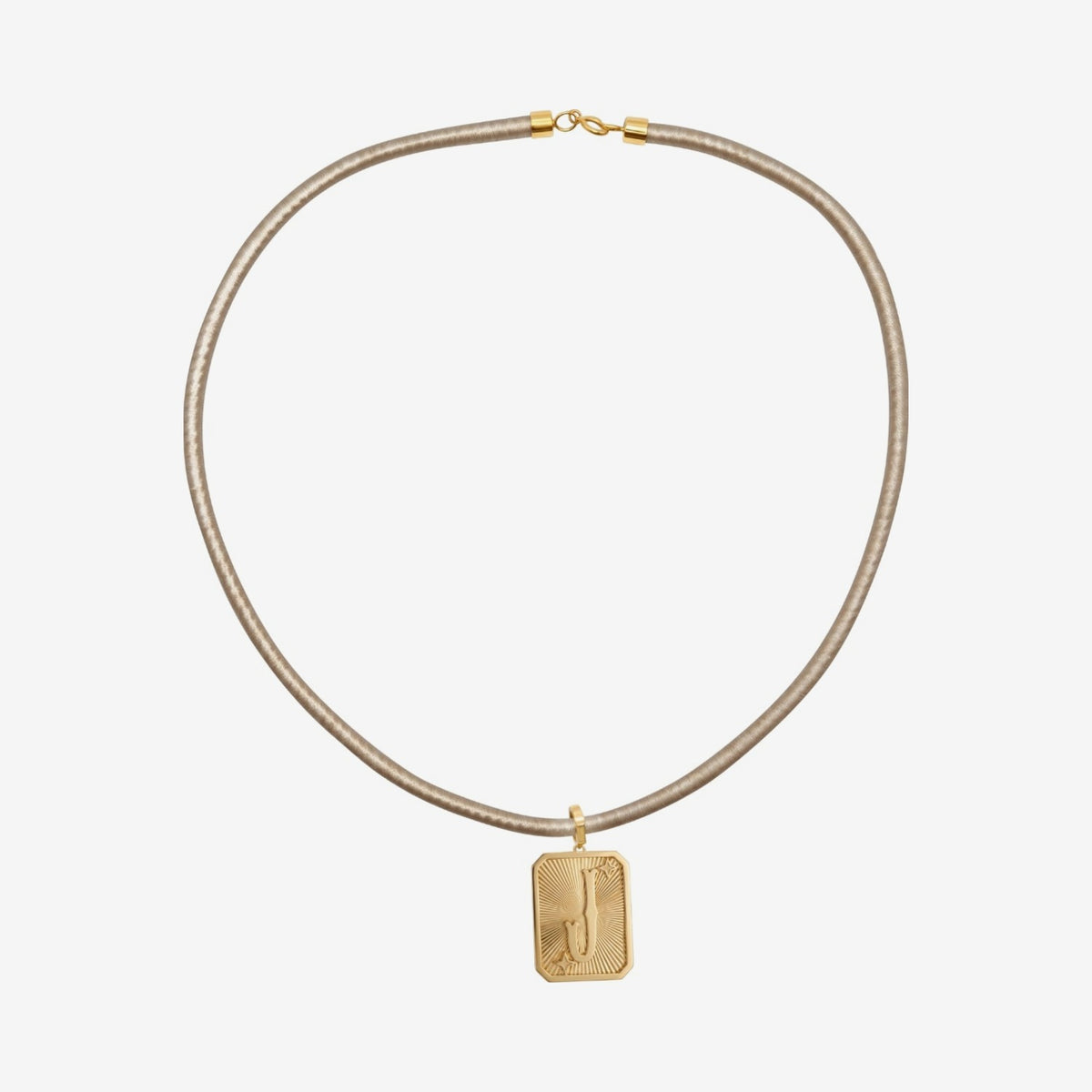 Silk Cord Necklace with 18K Yellow Gold Clasp, Beige, gray background | JJ Jewelry Miami