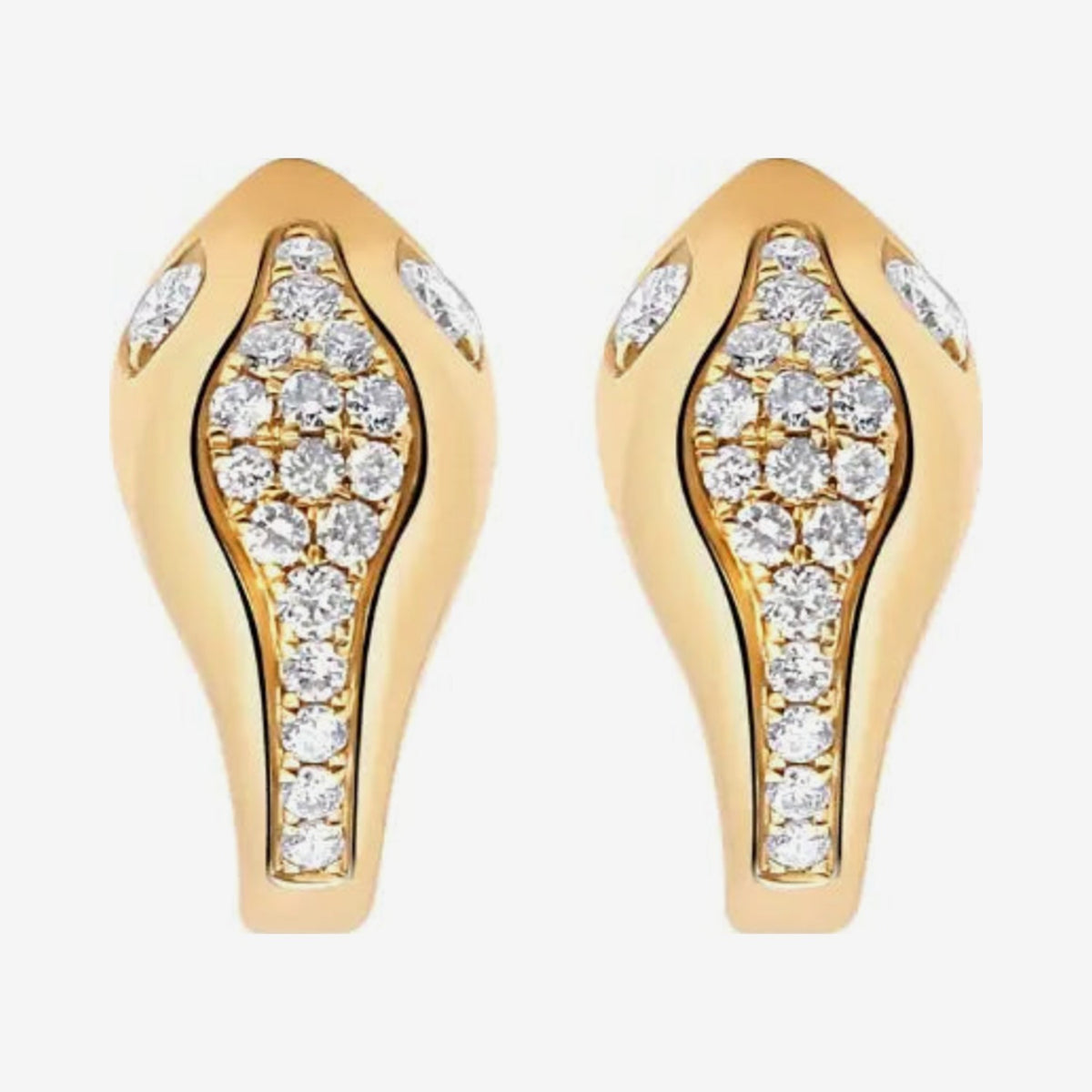 Snake Head Diamond Hoop Earrings in 18K Yellow Gold, gray background | JJ Jewelry Miami