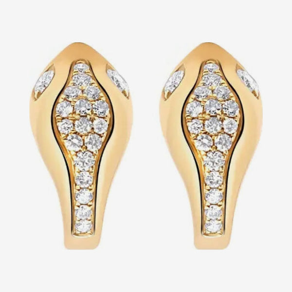 Snake Head Diamond Hoop Earrings in 18K Yellow Gold, gray background | JJ Jewelry Miami