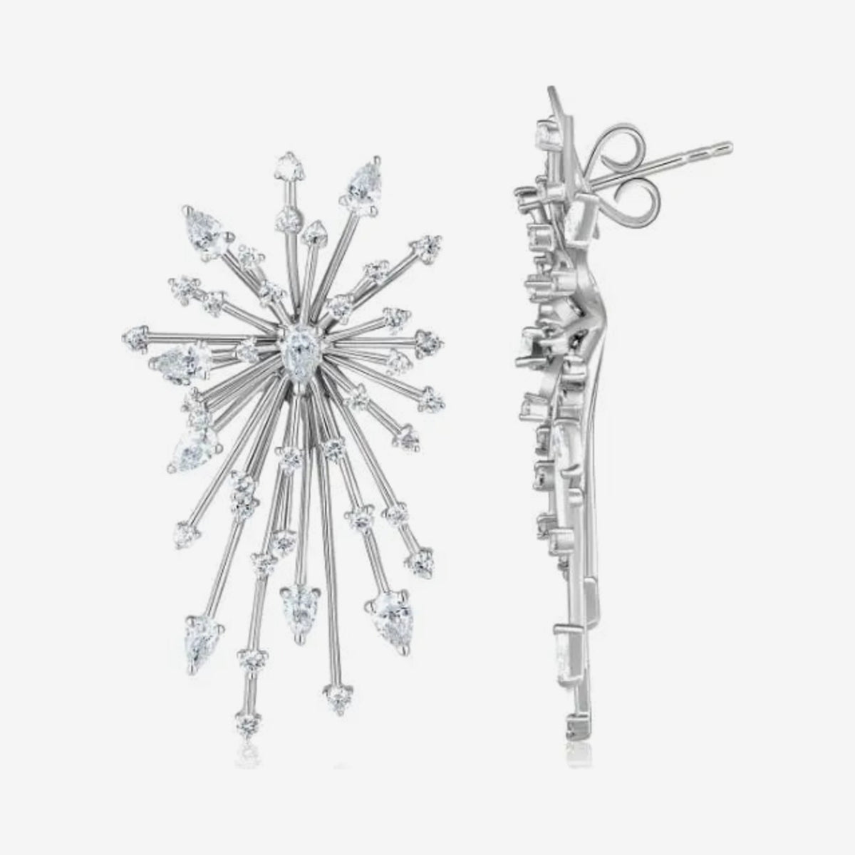 Star Storm Diamond Burst Earrings in 18K White Gold, gray background | JJ Jewelry Miami