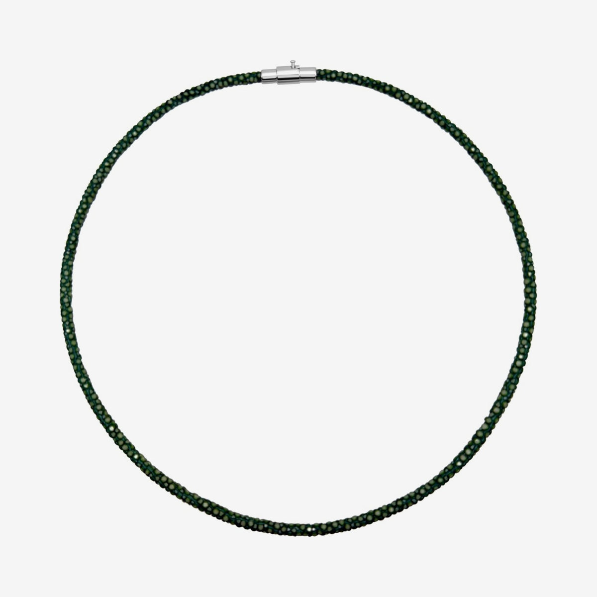 Stingray Cord Necklace with Silver Clasp, Green 16 in, gray background | JJ Jewelry Miami