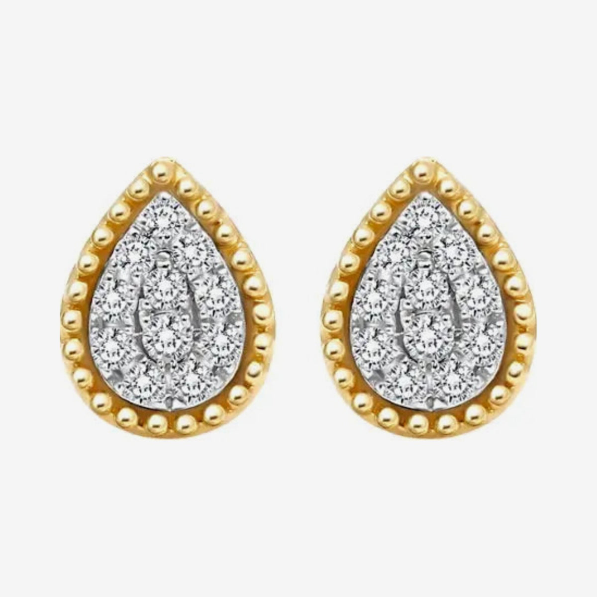 Teardrop Diamond Halo Stud Earrings in 18K Yellow Gold, gray background | JJ Jewelry Miami