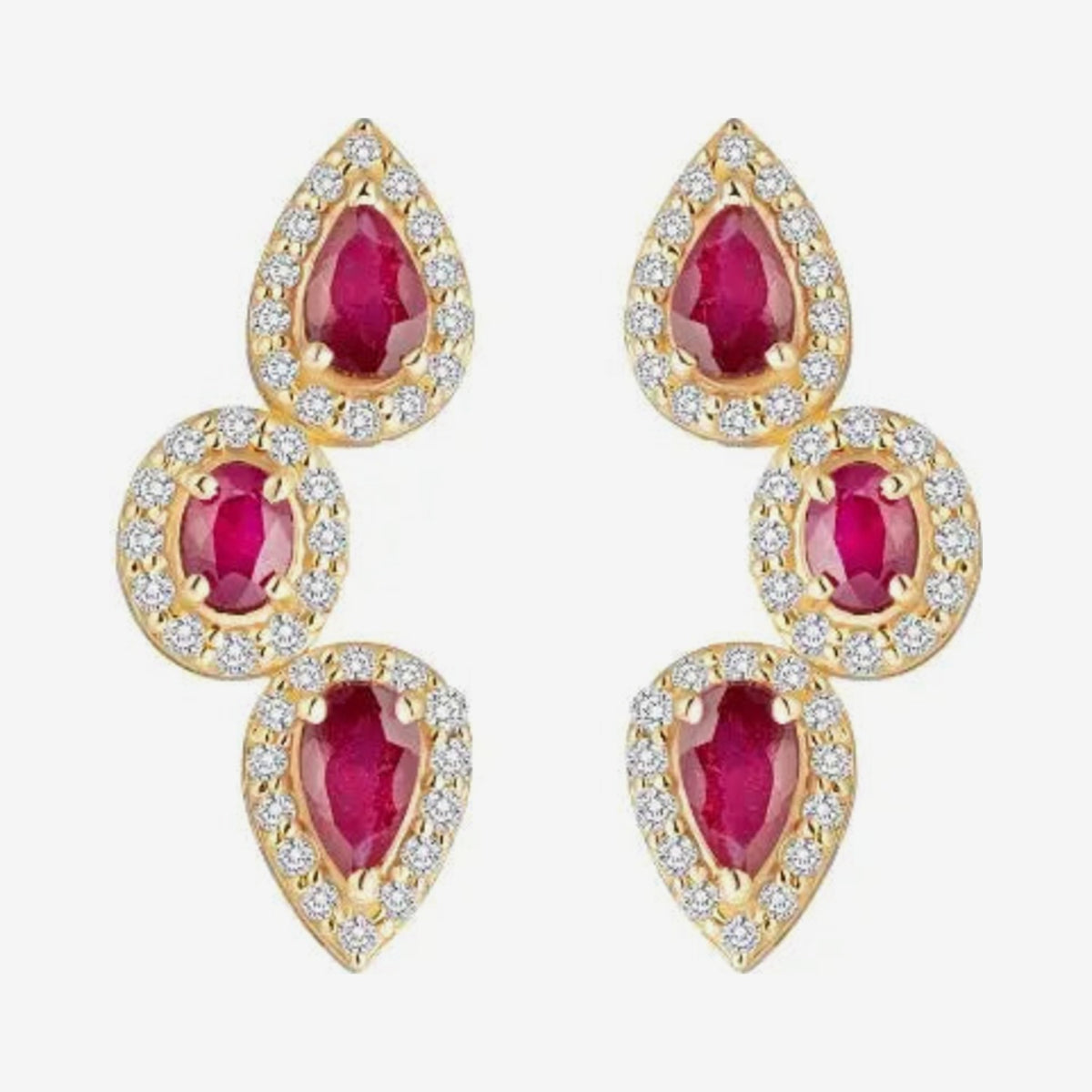 Three Pear Gemstone and Diamond Drop Earrings in 14K Yellow Gold with Ruby, gray background | JJ Jewelry Miami