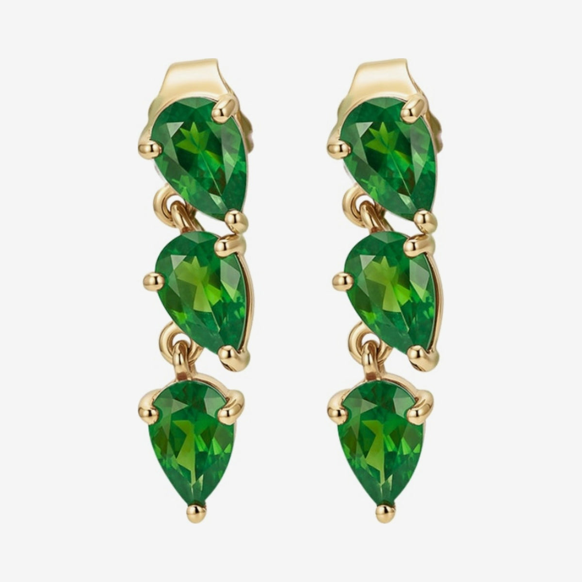 Three Pear Gemstone Dancing Earrings in 14K Yellow Gold with Emerald, gray background | JJ Jewelry Miami