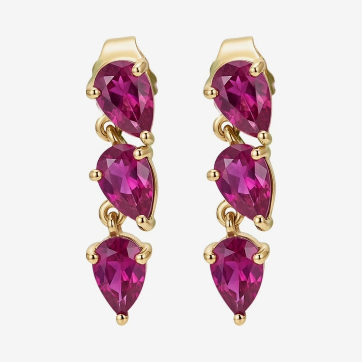 Three Pear Gemstone Dancing Earrings in 14K Yellow Gold with Ruby, gray background | JJ Jewelry Miami