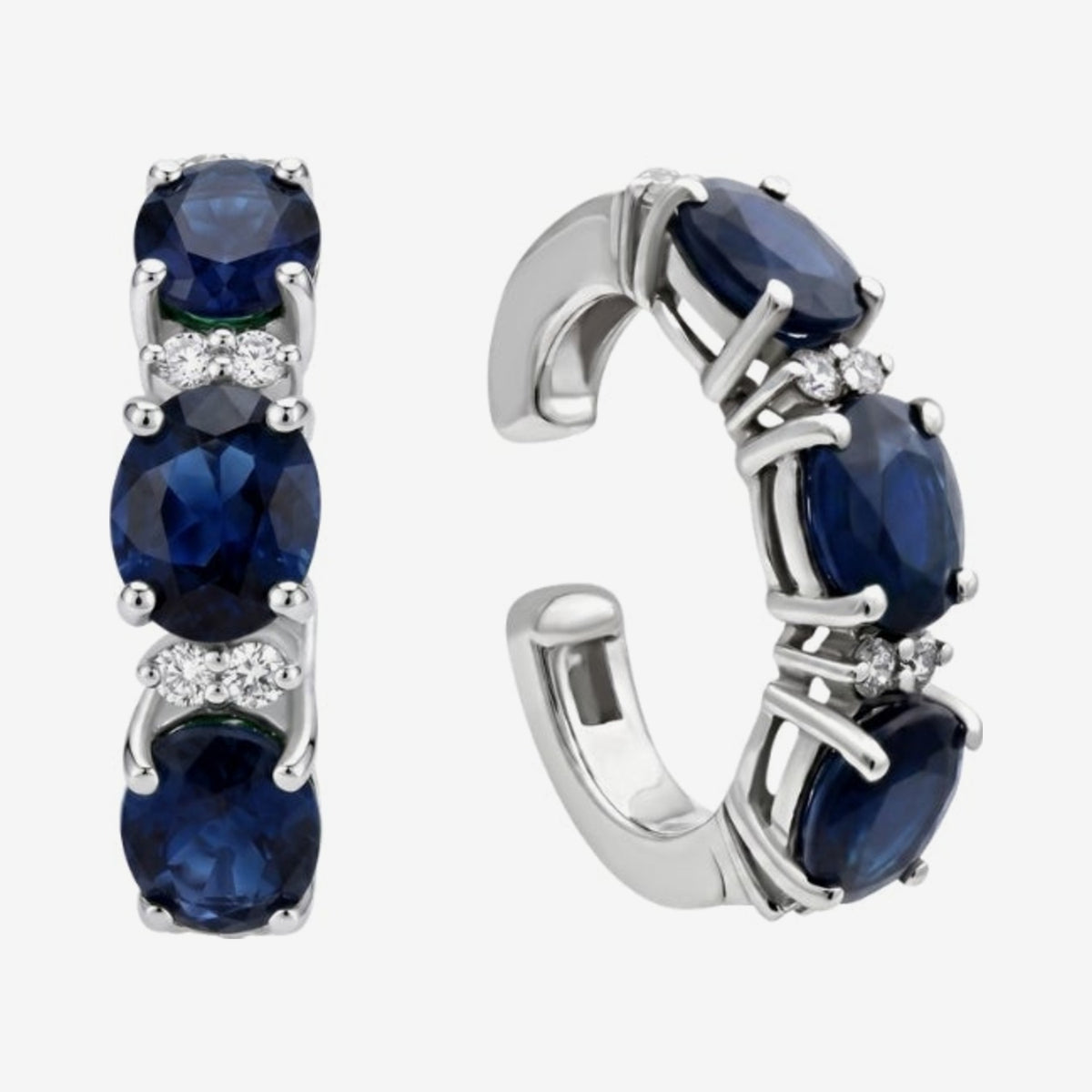 Three-Stone Gemstone and Diamond Ear Cuff in 18K White Gold with Blue Sapphire, gray background | JJ Jewelry Miami