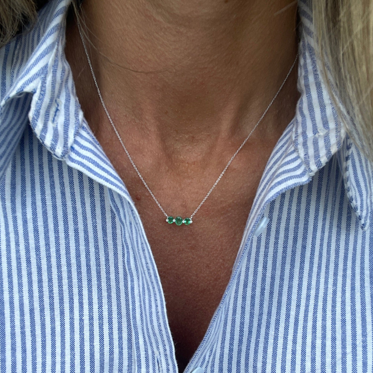Triple Oval Emerald and Diamond Drop Necklace in 14K White Gold, view 1 | JJ Jewelry Miami