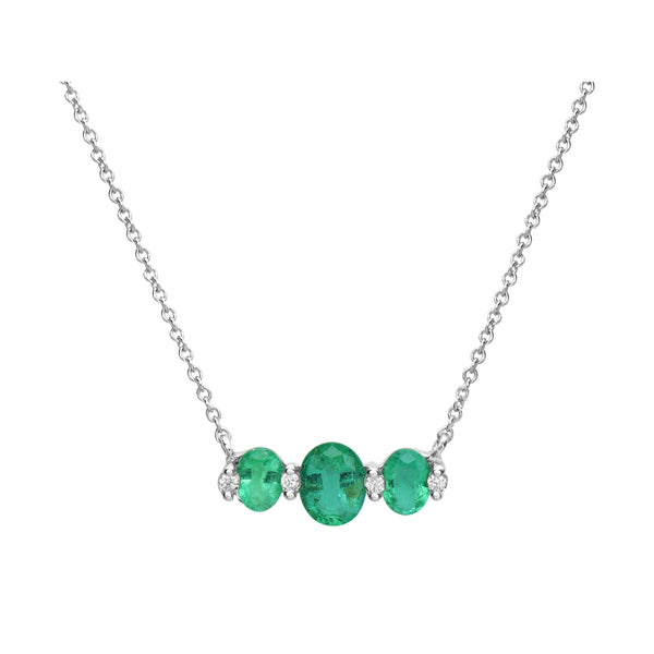 Triple Oval Emerald and Diamond Drop Necklace in 14K White Gold | JJ Jewelry Miami