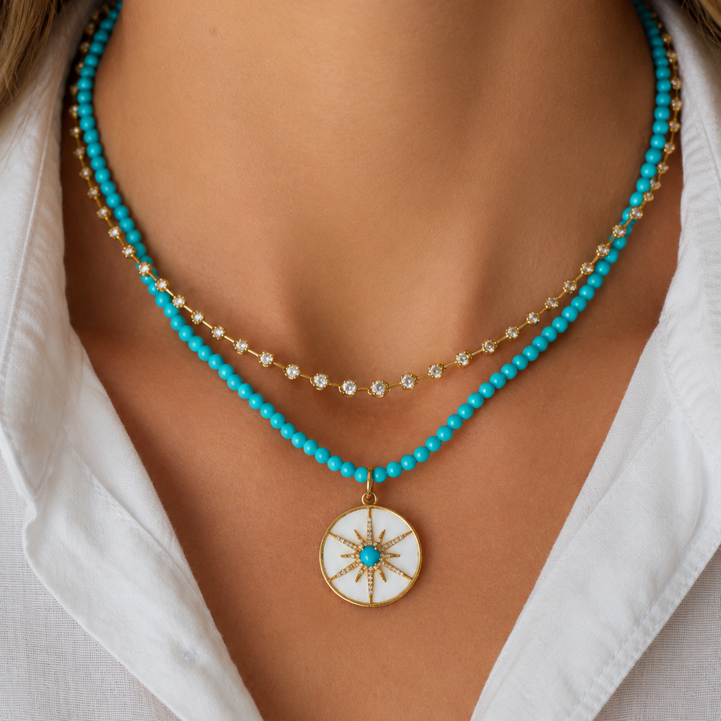 Turquoise Bead Necklace with 14K Yellow Gold clasp, layered on model | JJ Jewelry Miami
