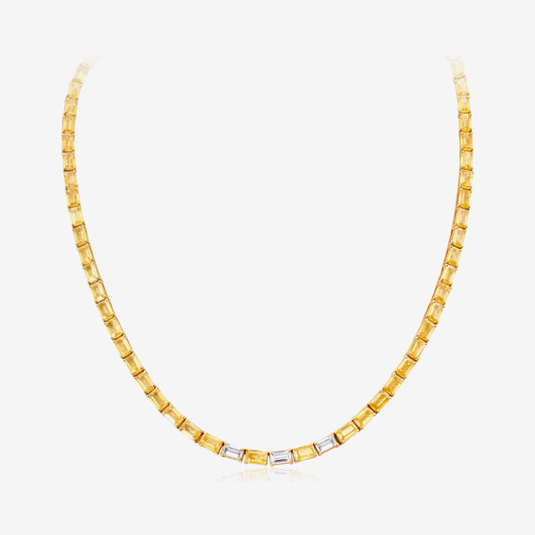 Yellow Sapphire and Diamond Tennis Necklace in 18K Yellow Gold, gray background | JJ Jewelry Miami