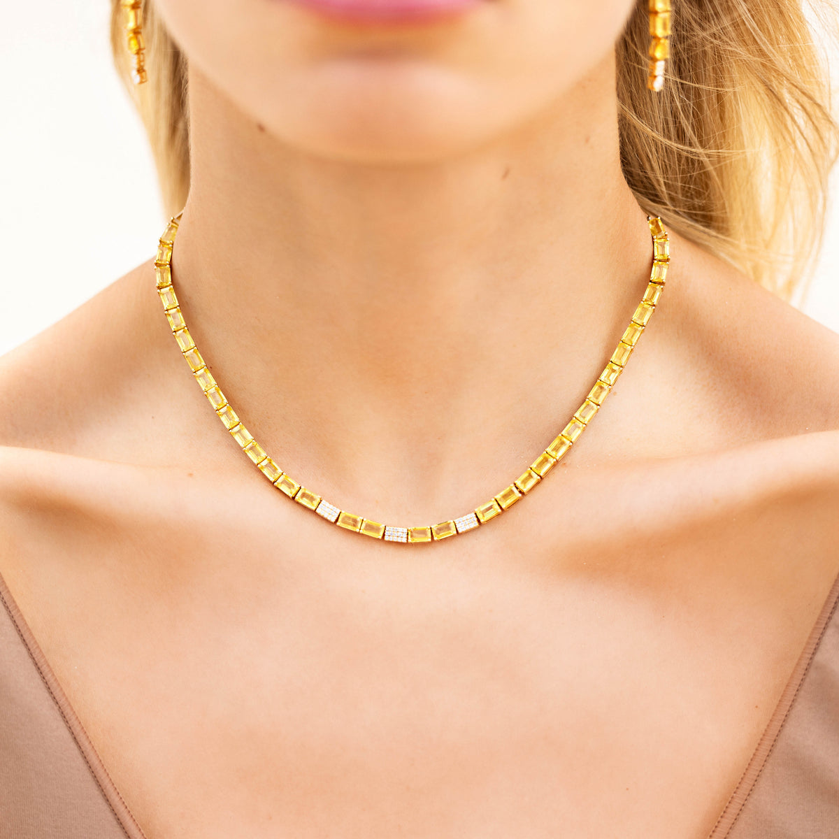 Yellow Sapphire and Diamond Tennis Necklace in 18K Yellow Gold, view 1 | JJ Jewelry Miami