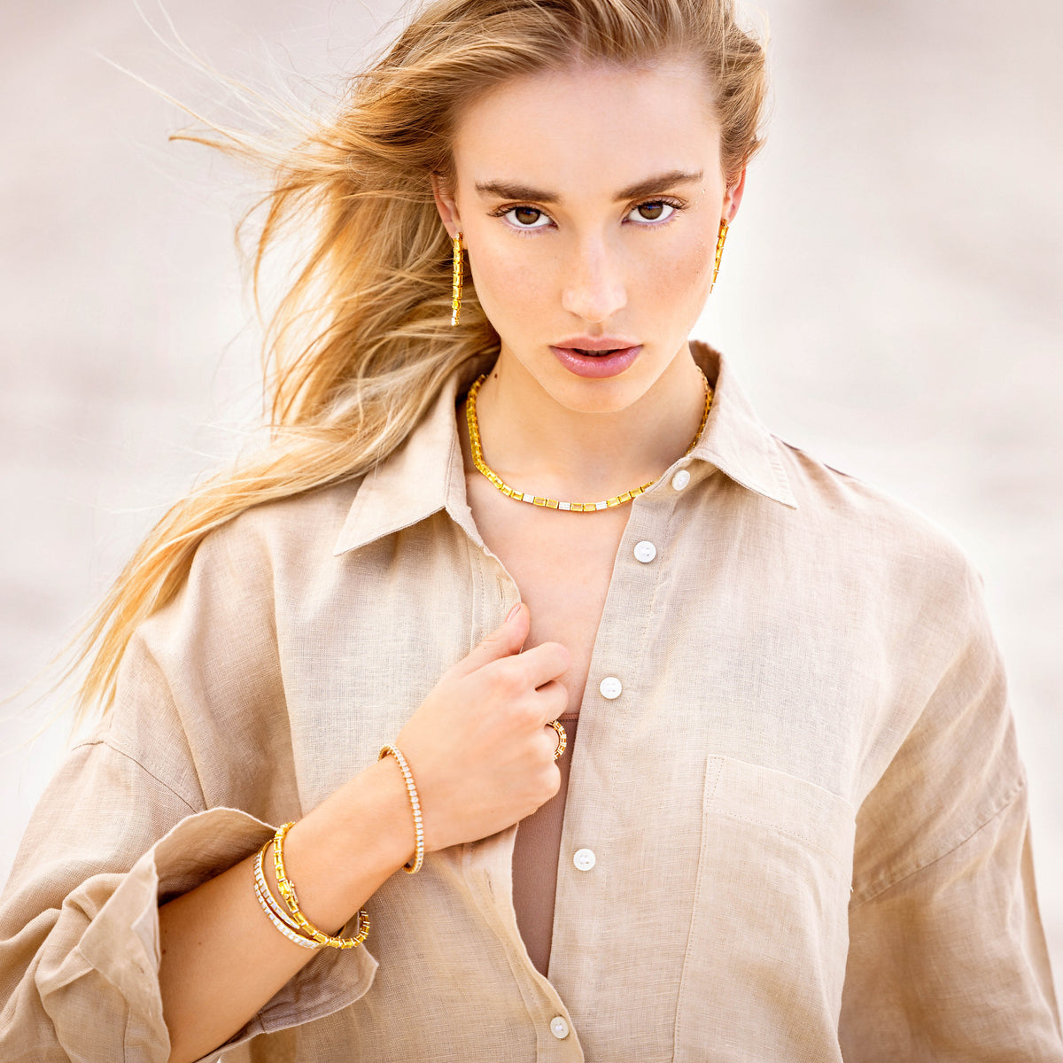 Yellow Sapphire and Diamond Tennis Necklace in 18K Yellow Gold, view 2 | JJ Jewelry Miami