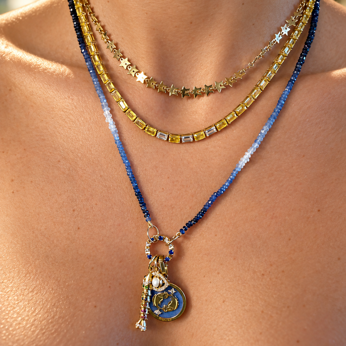 Yellow Sapphire and Diamond Tennis Necklace in 18K Yellow Gold, view 5 | JJ Jewelry Miami